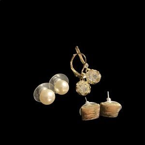 Pearl, crystal, and textured pierced earrings, goldtone.Lot of 3 pairs